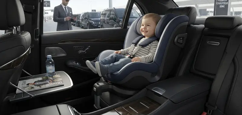 View from a taxi rear seat with a child seat fitted and a driver waiting at the terminal