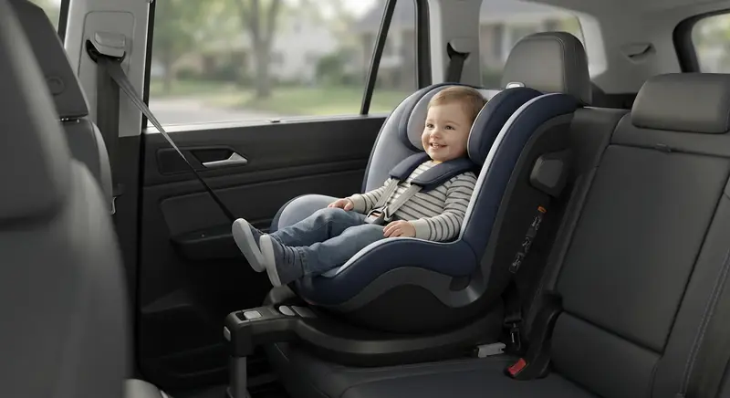 Toddler smiling in a child seat fitted in the rear of a car