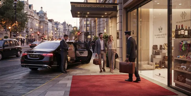 Driver holding open the rear door of a black saloon for guests outside a hotel entrance
