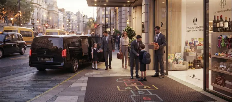 Driver helping two children in school uniform towards a people carrier outside a school entrance