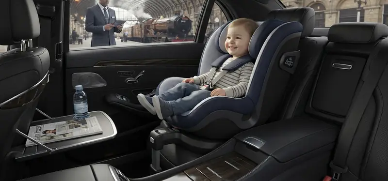 Rear seat of a taxi with a child seat, with a driver waiting on a station concourse